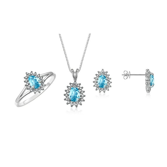 RYLOS Women's 14K White Gold Birthstone Set: Ring, Earring & Pendant Necklace. Gemstone & Diamonds, 6X4MM Blue Topaz December Birthstone. Perfectly Matching Gold Jewelry, Size 10
