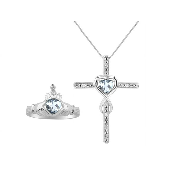 RYLOS Matching Jewelry 14K White Gold Claddagh Ring & Cross Necklace. Heart Gemstone & Diamonds, 6MM Aquamarine March Birthstone; Size 6