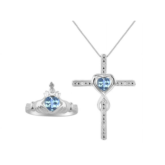 RYLOS Matching Jewelry 14K White Gold Claddagh Ring & Cross Necklace. Heart Gemstone & Diamonds, 6MM Blue Topaz December Birthstone; Size 8