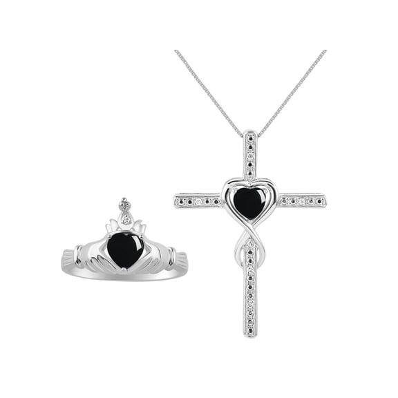 RYLOS Matching Jewelry 14K White Gold Claddagh Ring & Cross Necklace. Heart Gemstone & Diamonds, 6MM Cabochon Onyx October Birthstone; Size 10
