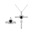 thumbnail image 1 of RYLOS Matching Jewelry 14K White Gold Claddagh Ring & Cross Necklace. Heart Gemstone & Diamonds, 6MM Onyx October Birthstone; Size 7, 1 of 5