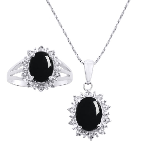RYLOS Jewelry For Women 14K White Gold Princess Diana Inspired Ring & Necklace W/ 18" Chain Gemstone & Diamonds 9X7MM Cabochon Onyx October Birthstone Womens Jewelry Matching Gold Jewelry For Women