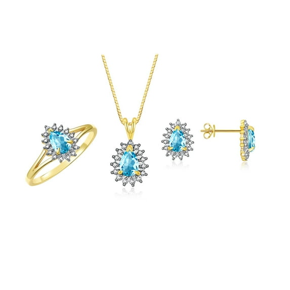 RYLOS Women's 14K Yellow Gold Birthstone Set: Ring, Earring & Pendant Necklace. Gemstone & Diamonds, 6X4MM Blue Topaz December Birthstone. Perfectly Matching Gold Jewelry, Size 8