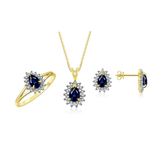 RYLOS Women's 14K Yellow Gold Birthstone Set: Ring, Earring & Pendant Necklace. Gemstone & Diamonds, 6X4MM Sapphire September Birthstone. Perfectly Matching Gold Jewelry, Size 7