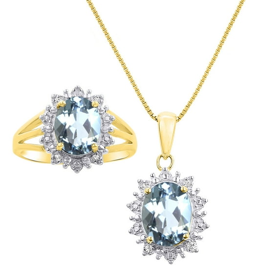 RYLOS Jewelry For Women 14K Yellow Gold Princess Diana Inspired Ring & Necklace W/ 18" Chain Gemstone & Diamonds 9X7MM Aquamarine March Birthstone Womens Jewelry Matching Gold Jewelry For Women