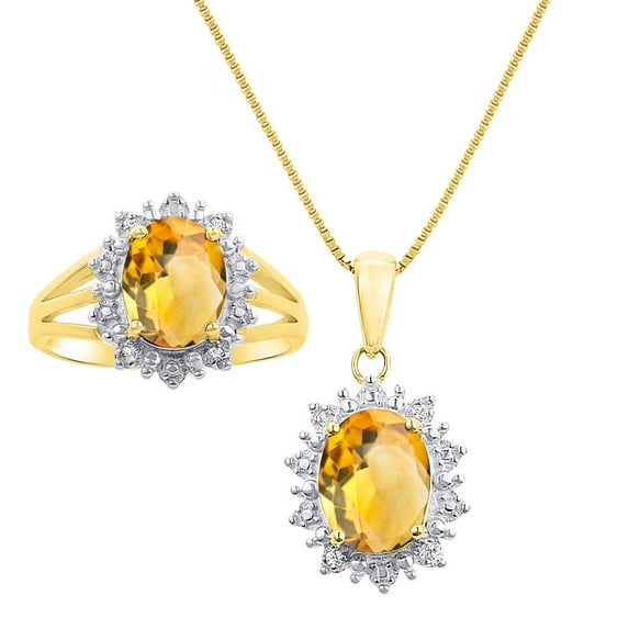 RYLOS Jewelry For Women 14K Yellow Gold Princess Diana Inspired Ring & Necklace W/ 18" Chain Gemstone & Diamonds 9X7MM Citrine November Birthstone Womens Jewelry Matching Gold Jewelry For Women