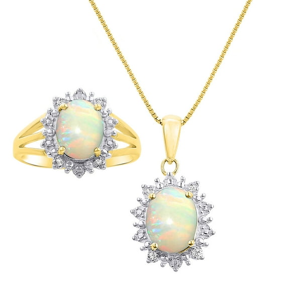 RYLOS Jewelry For Women 14K Yellow Gold Princess Diana Inspired Ring & Pendant Necklace W/ 18" Chain Gemstone & Diamonds 9X7MM Opal October Birthstone Womens Jewelry Matching Gold Jewelry For Women
