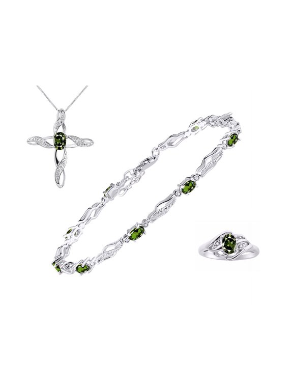 Jewelry For Women Sterling Silver Infinity Wave Tennis Bracelet, Ring & Necklace Gemstone w/ Diamonds Adjustable 7"-8" Wrist & 18" Chain Green Sapphire September Birthstone Jewelry