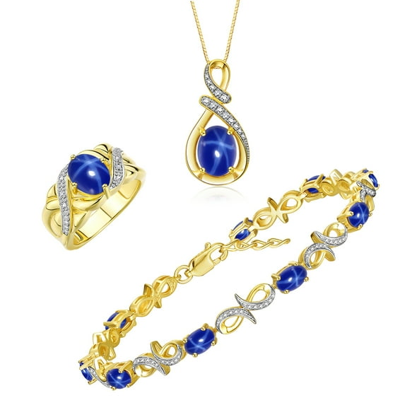 RYLOS Jewelry For Women Tennis Bracelet, Ring & Necklace Gemstone W/ Diamonds Adjustable Blue Star Sapphire Birthstone; Size 10