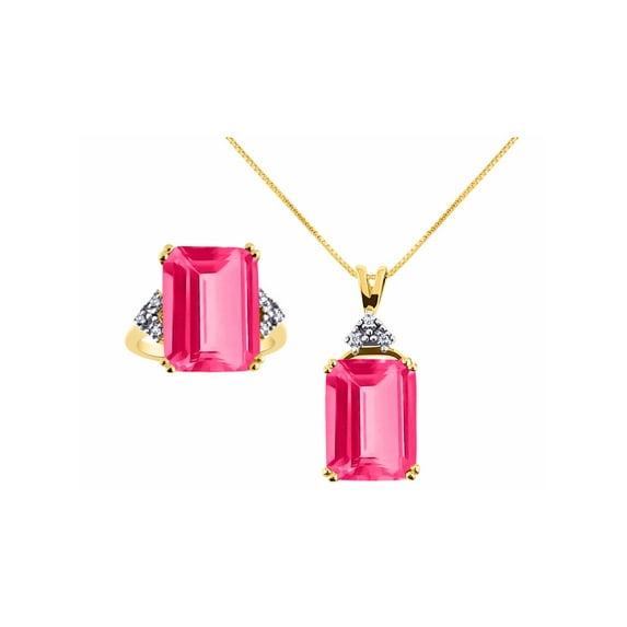 RYLOS Jewelry For Women Yellow Gold Plated Silver Emerald Cut Gemstone & Genuine Diamond Ring & Matching Necklace Rectangular 16X12MM Pink Tourmaline October Birthstone Womens Jewelry Matching