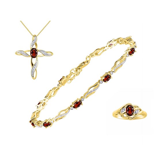 RYLOS Jewelry For Women Yellow Gold Plated Silver Infinity Wave Tennis Bracelet, Ring & Necklace Gemstone w/ Diamonds Adjustable 7"-8" Wrist & 18" Chain Garnet January Birthstone Jewelry
