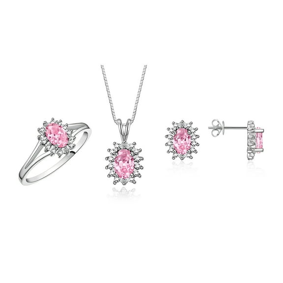 RYLOS Women's Sterling Silver Birthstone Set: Ring, Earring & Pendant Necklace. Gemstone &  Diamonds, 6X4MM Pink Ice October Birthstone. Perfectly Matching Friendship Jewelry Size 9