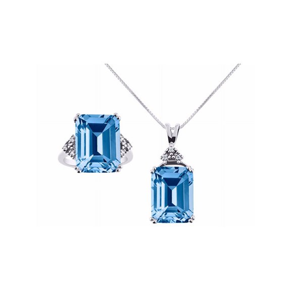 RYLOS Jewelry For Women Sterling Silver Emerald Cut Gemstone & Genuine Diamond Ring & Matching Necklace Rectangular 16X12MM Blue Topaz December Birthstone Womens Jewelry Matching Friendship