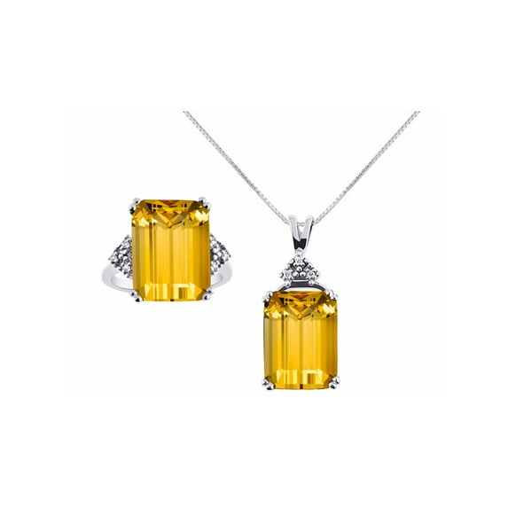 RYLOS Jewelry For Women Sterling Silver Emerald Cut Gemstone & Genuine Diamond Ring & Matching Necklace Rectangular 16X12MM Citrine Yellow Topaz November Birthstone Womens Jewelry Matching