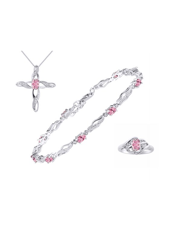Jewelry For Women Sterling Silver Infinity Wave Tennis Bracelet, Ring & Necklace Gemstone w/ Diamonds Adjustable 7"-8" Wrist & 18" Chain Pink Ice October Birthstone Jewelry Sizes 5-10