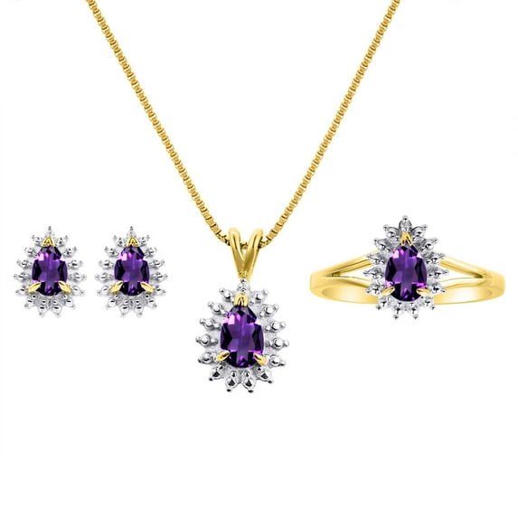 RYLOS Jewelry For Women Yellow Gold Plated Silver Birthstone Jewelry Ring, Earring & Pendant Necklace Gemstone & Diamonds Pear Tear Drop 6X4MM Amethyst February Birthstone Womens Jewelry Matching