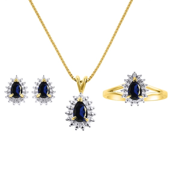 RYLOS Jewelry For Women Yellow Gold Plated Silver Birthstone Jewelry Ring, Earring & Pendant Necklace Gemstone & Diamonds Pear Tear Drop 6X4MM Sapphire September Birthstone Womens Jewelry Matching