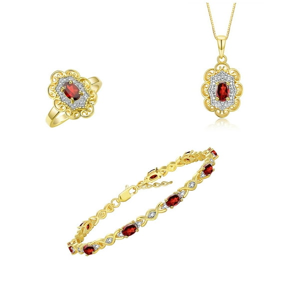RYLOS Jewelry For Women Yellow Gold Plated Silver Hugs & Kisses Infinity Tennis Bracelet, Ring & Necklace Gemstone w/ Diamonds Adjustable 7"-8" Wrist & 18" Chain Garnet January Birthstone; Size 6