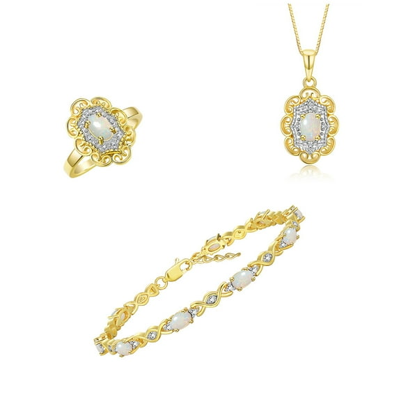 RYLOS Jewelry For Women Yellow Gold Plated Silver Hugs & Kisses Infinity Tennis Bracelet, Ring & Necklace Gemstone w/ Diamonds Adjustable 7"-8" Wrist & 18" Chain Opal October Birthstone; Size 9