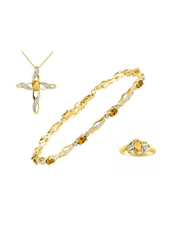 Jewelry For Women Yellow Gold Plated Silver Infinity Wave Tennis Bracelet, Ring & Necklace Gemstone w/ Diamonds Adjustable 7"-8" Wrist & 18" Chain Citrine November Birthstone Jewelry