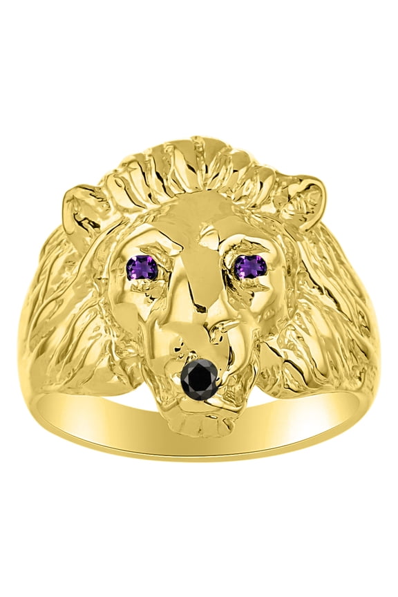 Lion Head Ring Black Diamond Mouth & Gemstone Eyes Designer Rings Amethyst Jewelry Yellow Gold Plated Silver Size 13