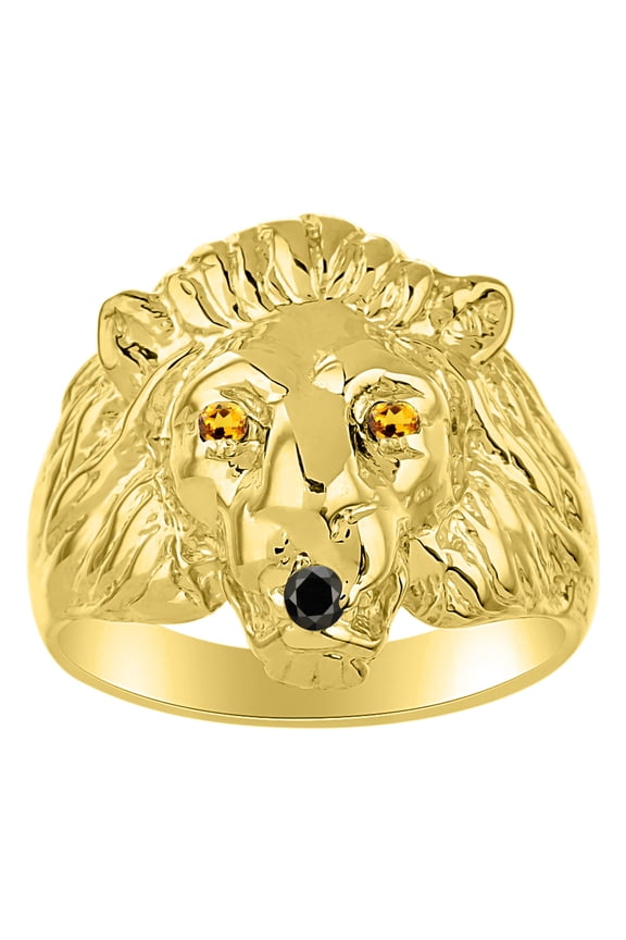 Lion Head Ring Black Diamond Mouth & Gemstone Eyes Designer Rings Citrine Jewelry Yellow Gold Plated Silver Size 7