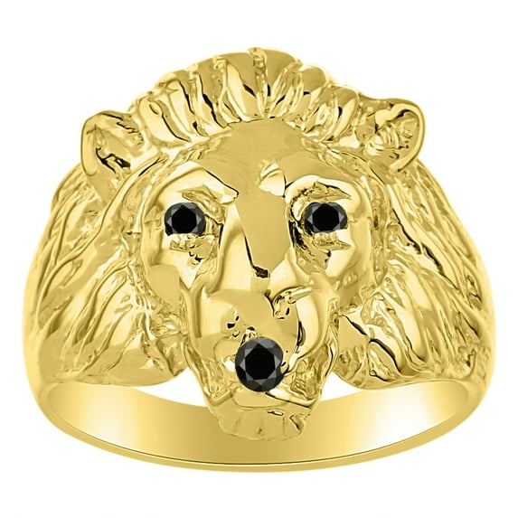 RYLOS Lion Head Ring Black Diamond Mouth & Gemstone Eyes Designer Rings Onyx Jewelry Yellow Gold Plated Silver Size 8