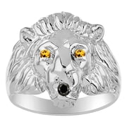 RYLOS Lion Head Ring Black Diamond Mouth & Gemstone Eyes Fun Designer Rings Citrine Sterling Silver Jewelry Size 11