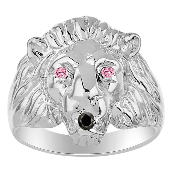 RYLOS Lion Head Ring Black Diamond Mouth & Gemstone Eyes Fun Designer Rings Pink Ice Sterling Silver Jewelry Size 11