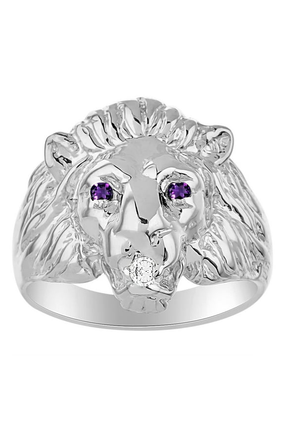 Lion Head Ring with Gemstone Eyes & Diamond Mouth – Fun Designer Rings in Sterling Silver Amethyst  Jewelry Size 6