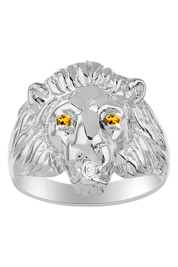 14K White Gold Lion Head Ring; Diamond in Mouth & Gemstones in Eyes Fun Designer Rings - Citrine Mens Jewelry Size 11