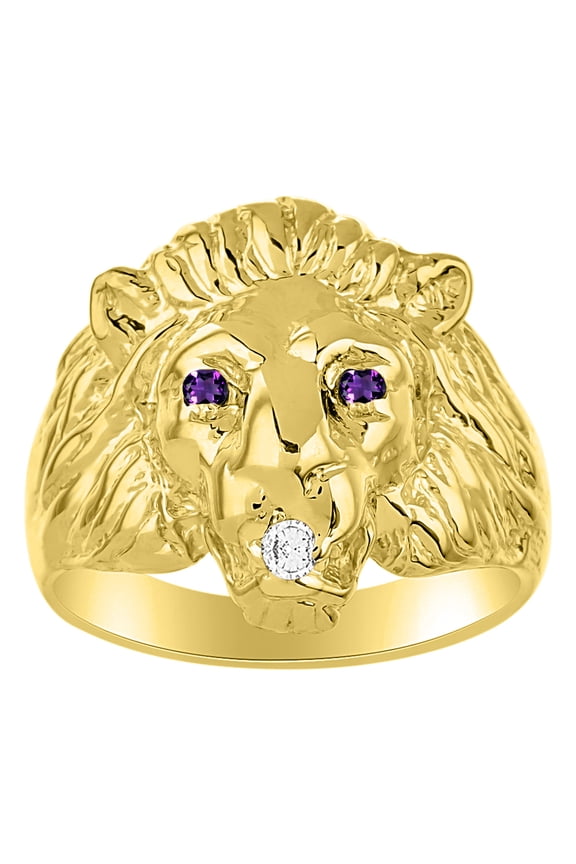 Lion Head Ring with Gemstone Eyes & Diamond Mouth – Fun Designer Rings in Yellow Gold Plated Silver Amethyst Size 13