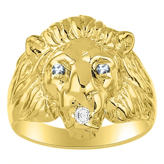 RYLOS Lion Head Ring with Gemstone Eyes & Diamond Mouth – Fun Designer Rings in Yellow Gold Plated Silver Aquamarine Size 11