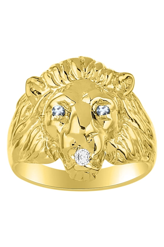 Lion Head Ring with Gemstone Eyes & Diamond Mouth – Fun Designer Rings in Yellow Gold Plated Silver Aquamarine Size 13