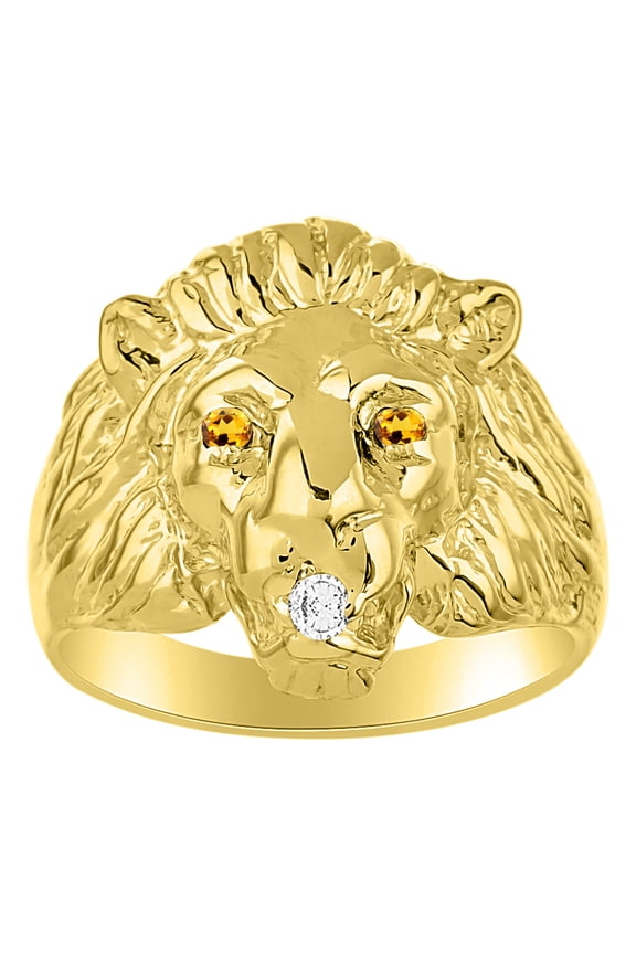 Lion Head Ring with Gemstone Eyes & Diamond Mouth – Fun Designer Rings in Yellow Gold Plated Silver Citrine Size 13