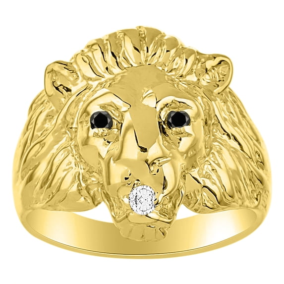 RYLOS Lion Head Ring with Gemstone Eyes & Diamond Mouth – Fun Designer Rings in Yellow Gold Plated Silver Onyx Size 11
