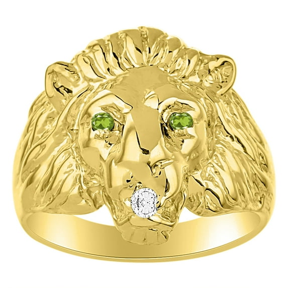 RYLOS Lion Head Ring with Gemstone Eyes & Diamond Mouth – Fun Designer Rings in Yellow Gold Plated Silver Peridot Size 7