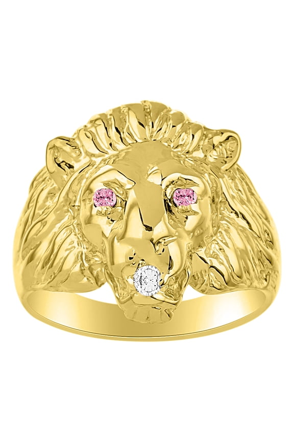 Lion Head Ring with Gemstone Eyes & Diamond Mouth – Fun Designer Rings in Yellow Gold Plated Silver Pink Ice Size 13