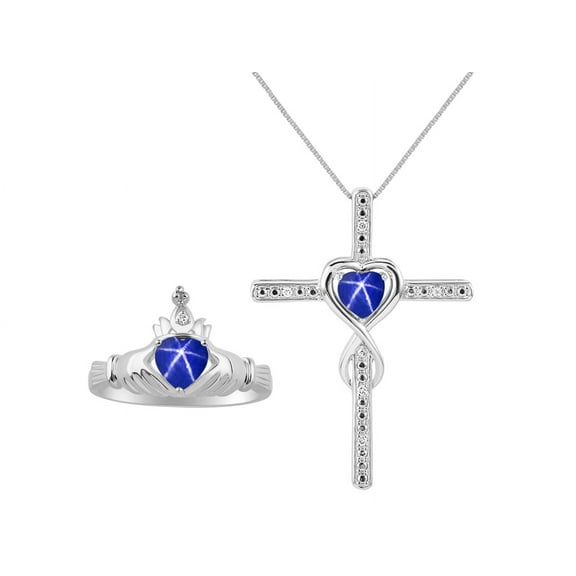 RYLOS Matching Jewelry 14K White Gold Claddagh Ring & Cross Necklace. Heart Gemstone & Diamonds, 6MM Blue Star Sapphire Birthstone; Size 9
