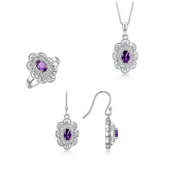 RYLOS Matching Jewelry 14K White Gold Floral Halo Design: Pendant Necklace, Earrings & Ring. Gemstone & Diamonds, 18" Chain. 6X4MM Amethyst February Birthstone; Size 5