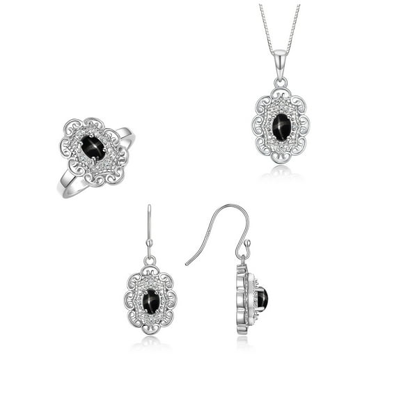 RYLOS Matching Jewelry 14K White Gold Floral Halo Design: Pendant Necklace, Earrings & Ring. Gemstone & Diamonds, 18" Chain. 6X4MM Black Star Sapphire March Birthstone; Size 8