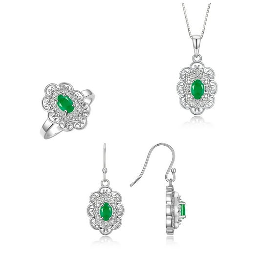 RYLOS Matching Jewelry 14K White Gold Floral Halo Design: Pendant Necklace, Earrings & Ring. Gemstone & Diamonds, 18" Chain. 6X4MM Emerald May Birthstone; Size 7