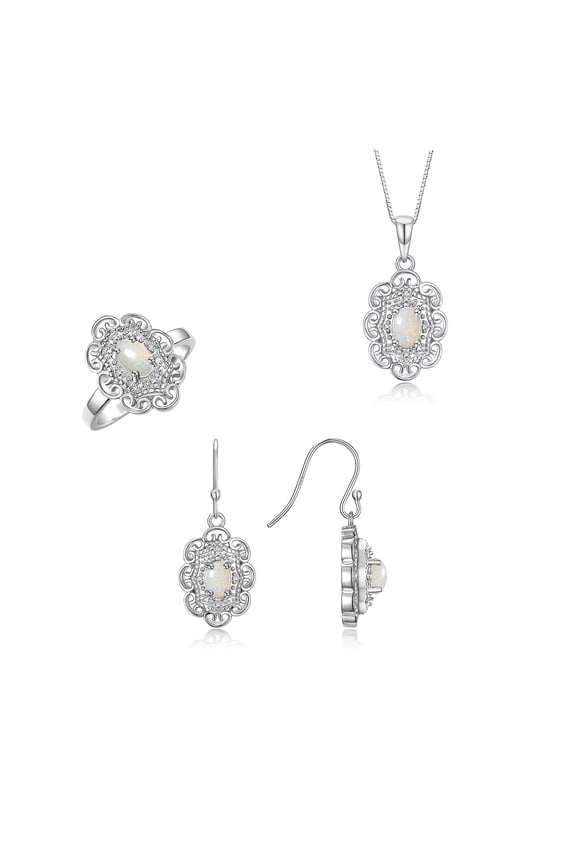 Matching Jewelry 14K White Gold Floral Halo Design: Pendant Necklace, Earrings & Ring. Gemstone & Diamonds, 18" Chain. 6X4MM Opal October Birthstone; Size 5