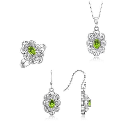 RYLOS Matching Jewelry 14K White Gold Floral Halo Design: Pendant Necklace, Earrings & Ring. Gemstone & Diamonds, 18" Chain. 6X4MM Peridot August Birthstone; Size 8