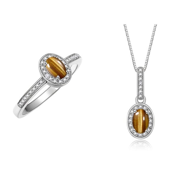 RYLOS Matching Jewelry  14K White Gold Floral Halo Set: Pendant Necklace & Matching Ring. Gemstone & Diamonds, 18" Chain. 6X4MM Tiger Eye November Birthstone Jewelry Size 5