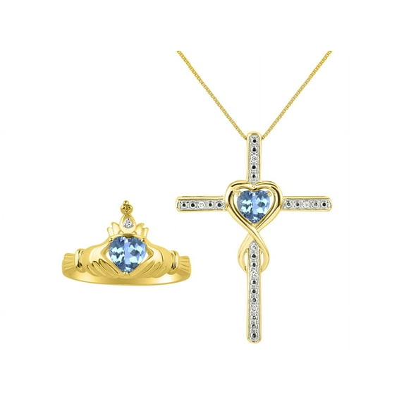 RYLOS Matching Jewelry 14K Yellow Gold Claddagh Ring & Cross Necklace. Heart Gemstone & Diamonds, 6MM Blue Topaz December Birthstone; Size 10