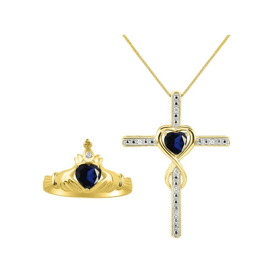 RYLOS Matching Jewelry 14K Yellow Gold Claddagh Ring & Cross Necklace. Heart Gemstone & Diamonds, 6MM Sapphire September Birthstone; Size 7