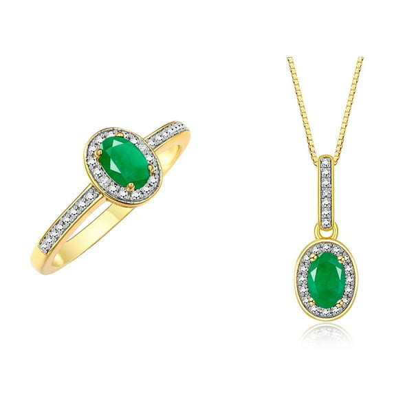RYLOS Matching Jewelry 14K Yellow Gold Halo Pendant Necklace & Matching Ring. Gemstone & Diamonds, 18" Chain. 6X4MM Emerald May Birthstone Jewelry Size 6