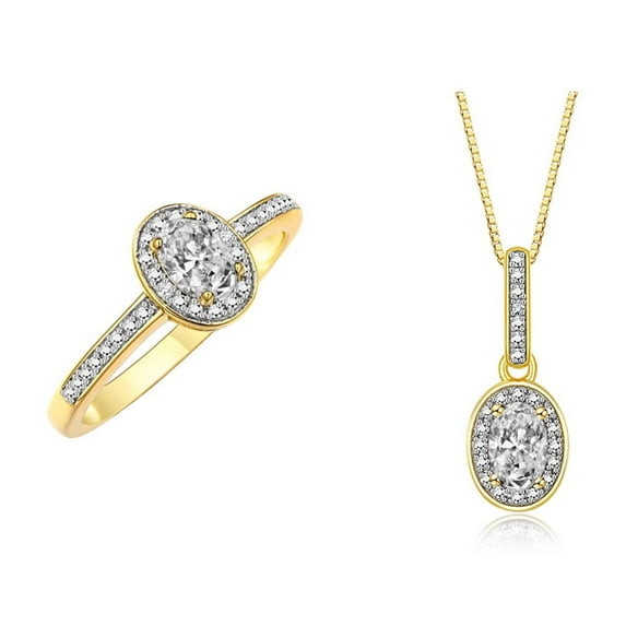 RYLOS Matching Jewelry 14K Yellow Gold Halo Pendant Necklace & Matching Ring. Gemstone & Diamonds, 18" Chain. 6X4MM White Topaz April Birthstone Jewelry Size 10