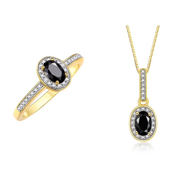 RYLOS Matching Jewelry 14K Yellow Gold Halo Pendant Necklace & Matching Ring. Gemstone & Diamonds, 18" Chain. 6X4MM Onyx October Birthstone Jewelry Size 10